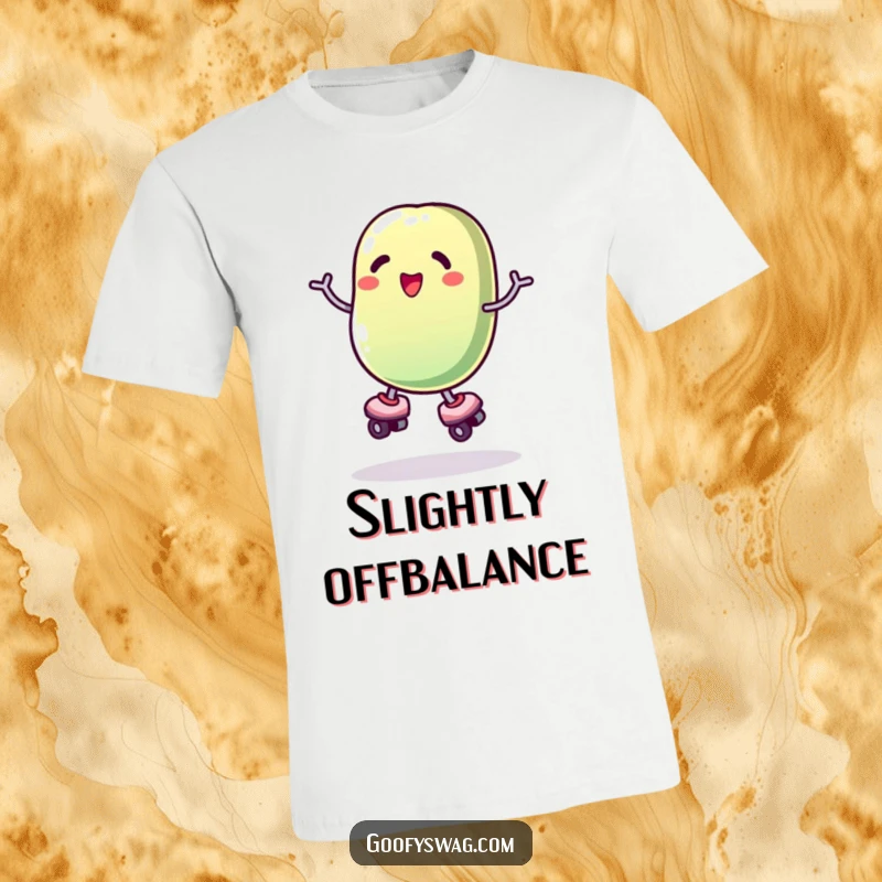Funny roller skating jelly bean t-shirt, captured mid-wobble with skates on, conveying pure comedic chaos.