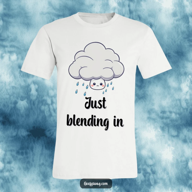 Funny shy rain drop character hiding timidly behind a large thunder cloud on a soft cotton t-shirt.
