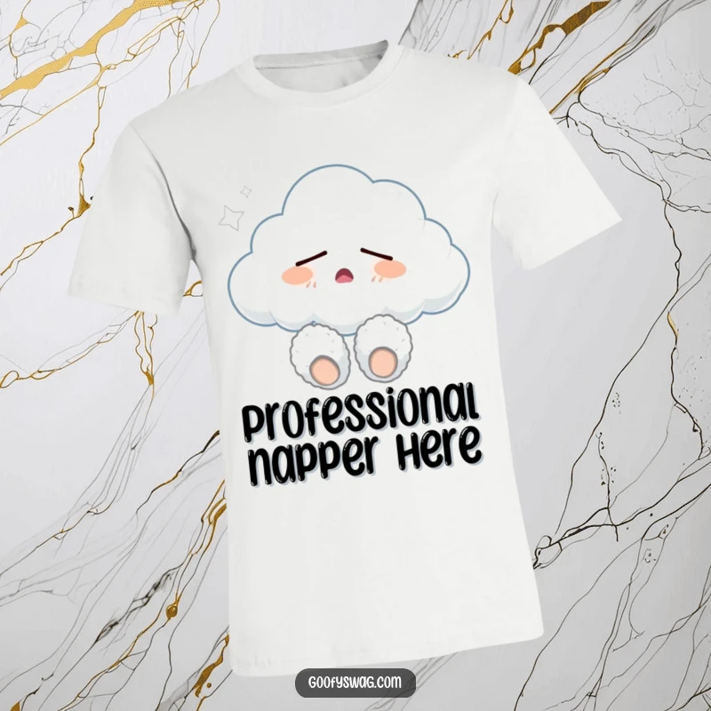 Funny sleepy cloud wearing fuzzy slippers and yawning, a soft and humorous t-shirt design ideal for comfort and lazy day vibes.