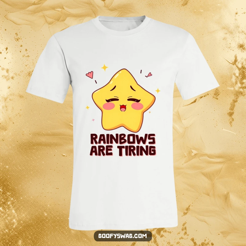 Funny sleepy star character yawning rainbows while blinking, printed on a soft and humorous t-shirt.