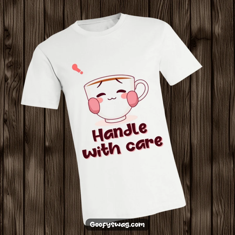 Funny t-shirt design with a confused teacup hilariously wearing socks on its handles, a charming and whimsical graphic.