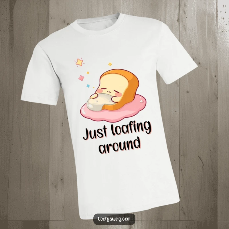 Funny t-shirt showcasing a sleepy, contented bread loaf with closed eyes, dreaming of floating in sweet jelly, a hilarious and cozy apparel.