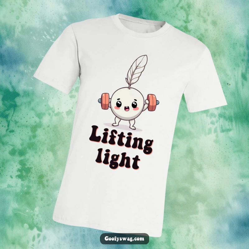 Funny determined dumbbell t-shirt, depicted in a comical struggle to lift a feather, showcasing workout absurdity.