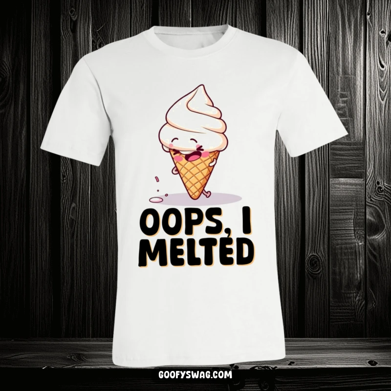 Funny clumsy ice cream cone character tripping over its own sprinkle, printed on a humorous t-shirt.
