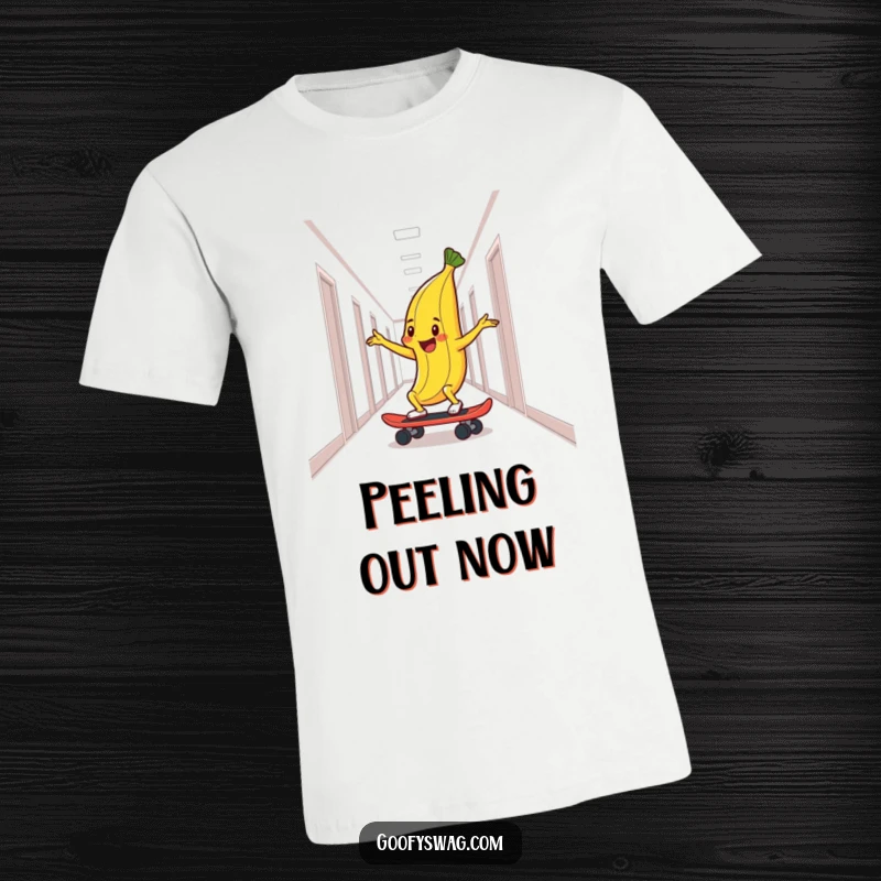 Funny t-shirt design showing a delighted banana peel skateboarding down a hallway, a humorous and action-packed graphic.
