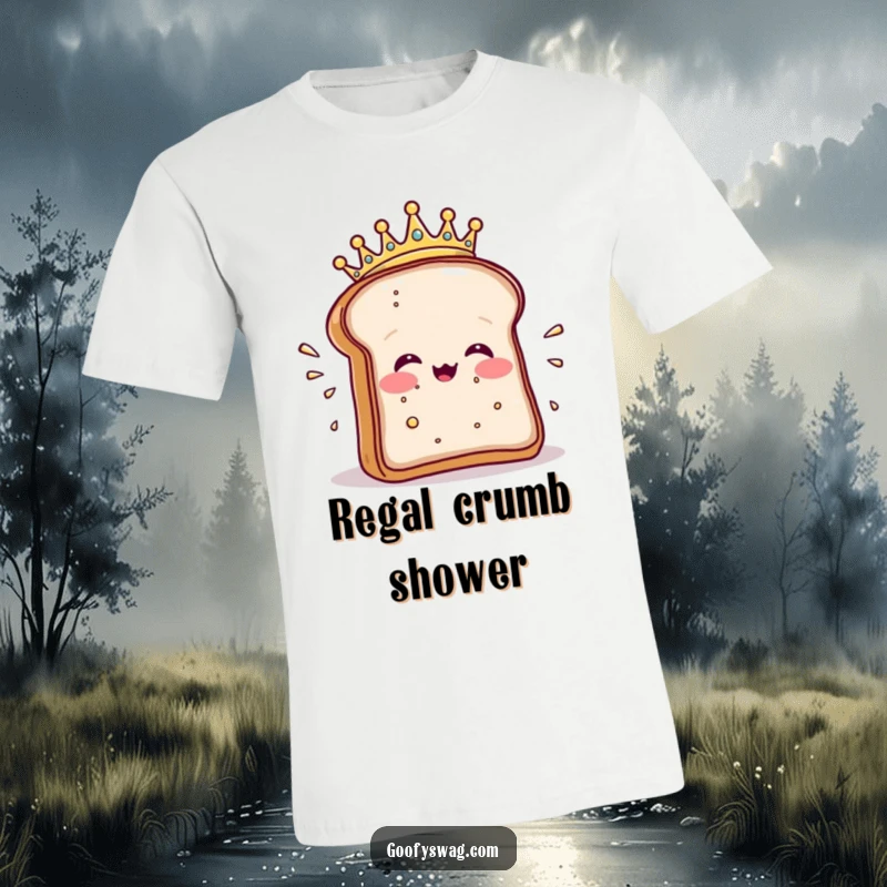 Funny t-shirt with a crowned toast slice happily sneezing a cascade of crumbs, showcasing breakfast drama.