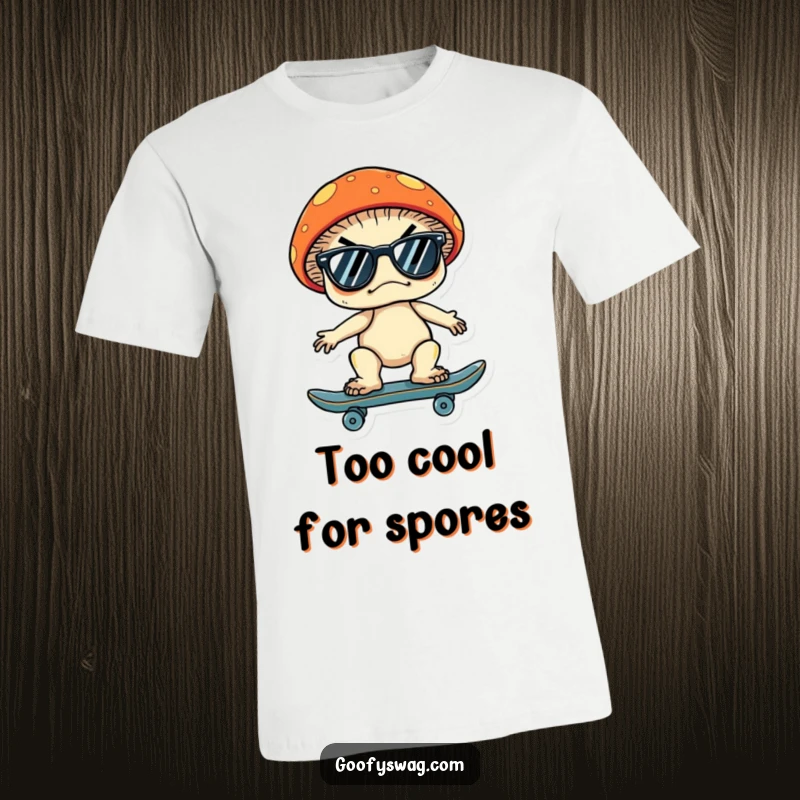Funny t-shirt with a grumpy mushroom sporting sunglasses, confidently riding a skateboard. Captures a cool, rebellious, and humorous spirit.