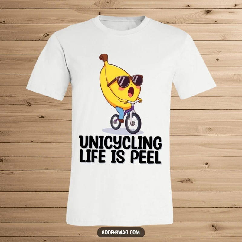 Funny banana t-shirt, surprised expression, wearing tiny sunglasses, riding a unicycle with impressive balance and comedic timing.