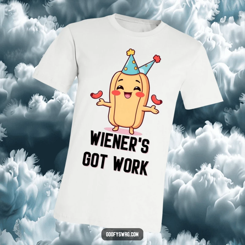 Funny hot dog t-shirt, wearing a party hat and juggling small sausages with a wide, joyful grin. Festive and humorous attire.