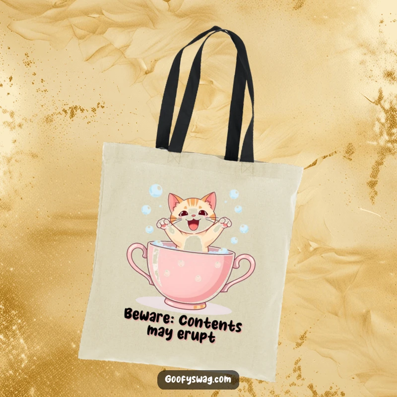 Funny cat leaping startled from a giant teacup filled with bubbles, a durable and humorous tote bag for daily use.