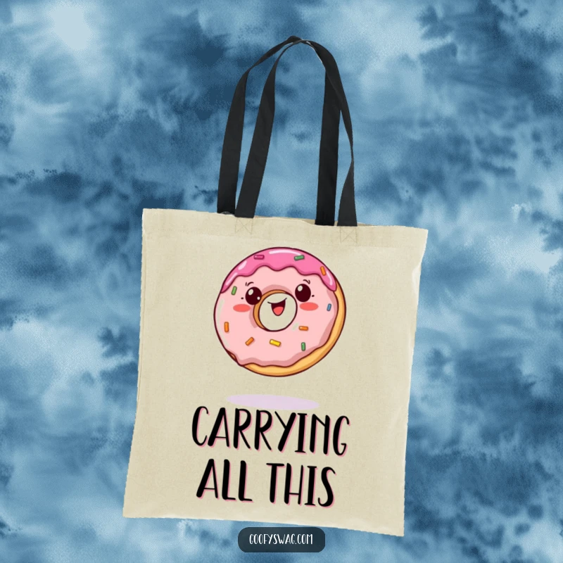 Funny tote bag showing a wobbly jelly doughnut balancing on a single bite, great for shopping or carrying treats.