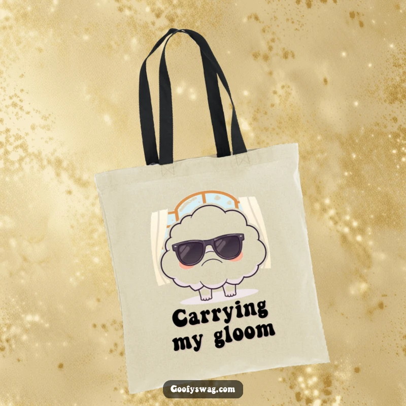 Funny tote bag showcasing a grumpy cloud attempting to wear sunglasses indoors, ideal for carrying essentials for the perpetually unimpressed.