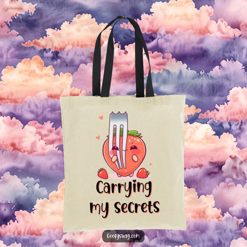 Funny Strawberry Fork Tote Bag: A blushing strawberry hides behind a giant fork on this functional and cute tote bag.