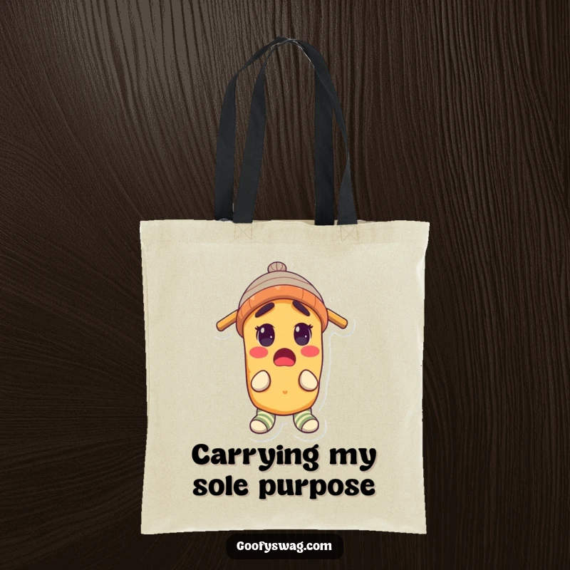 Funny Tote Bag showcasing a surprised potato wearing a propeller beanie and mismatched socks, a playful and eye-catching accessory.