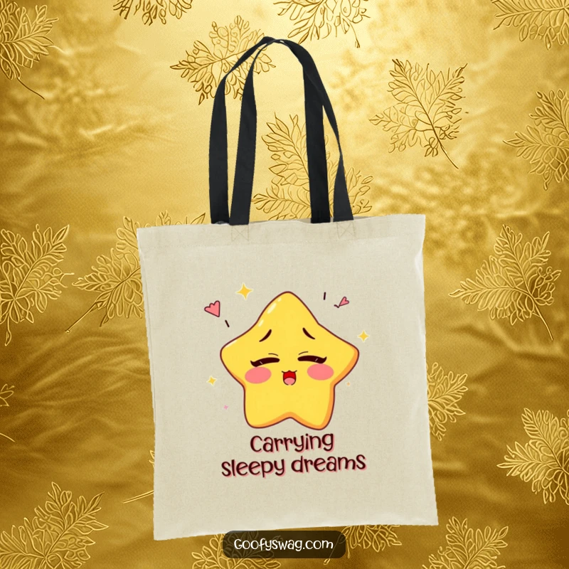 Funny sleepy star character yawning rainbows while blinking, featured on a humorous and practical tote bag.