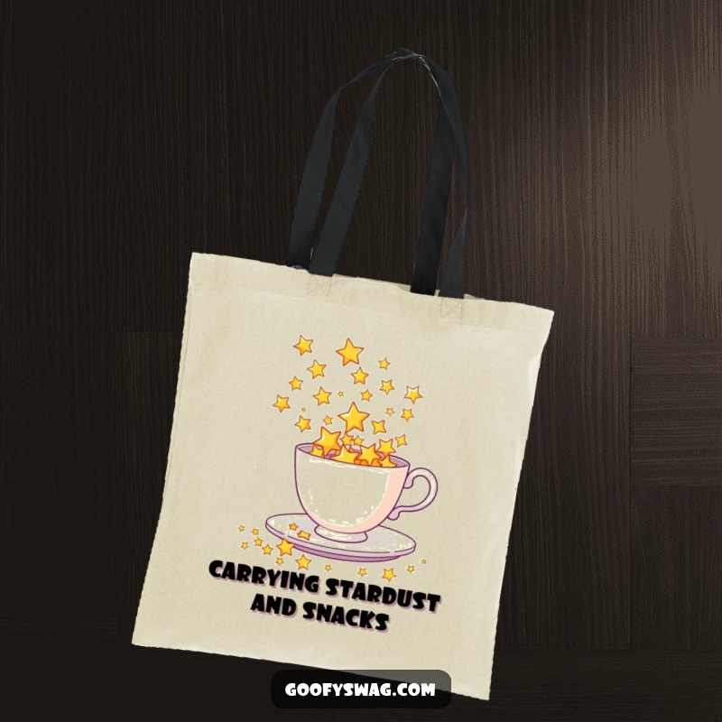 Funny Tote Bag illustrating a teacup spilling a spectacular shower of shining stars, a celestial and artistic design.
