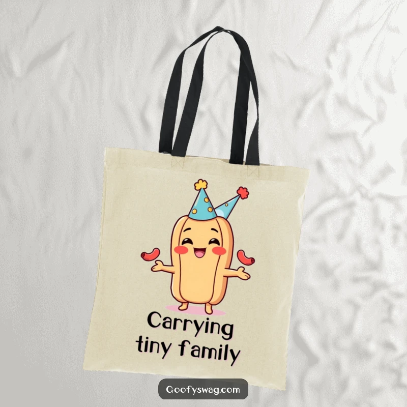 Funny hot dog tote bag, wearing a party hat and juggling small sausages. A festive and humorous accessory for carrying items.