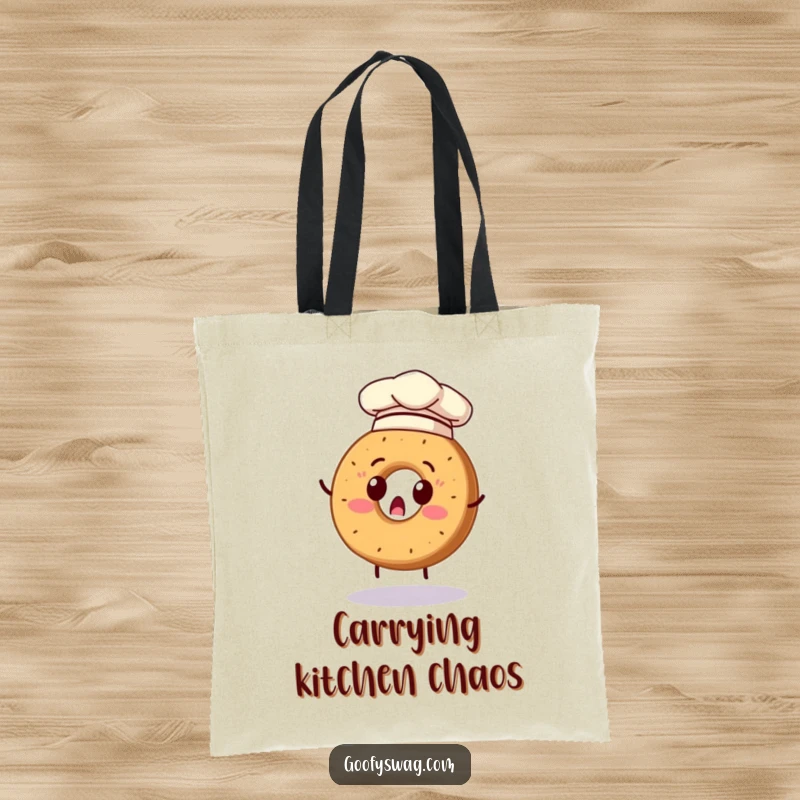 Funny tote bag showing a surprised bagel chef hat on, attempting a flip, great for groceries or kitchen supplies.