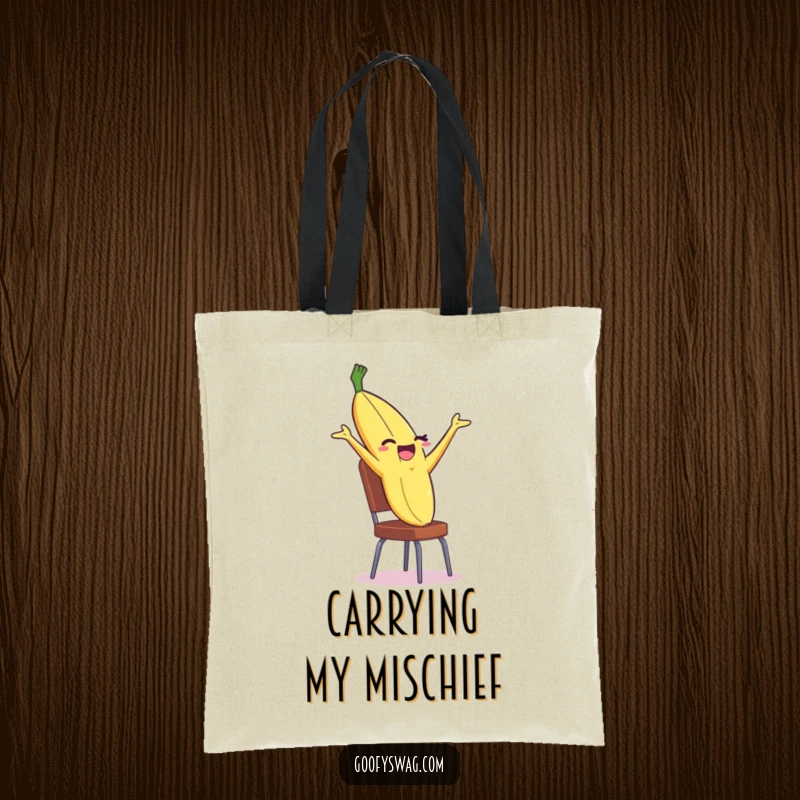 Funny Banana Peel Tote Bag with a winking peel dramatically backflipping off a chair, perfect for shopping or a day out.