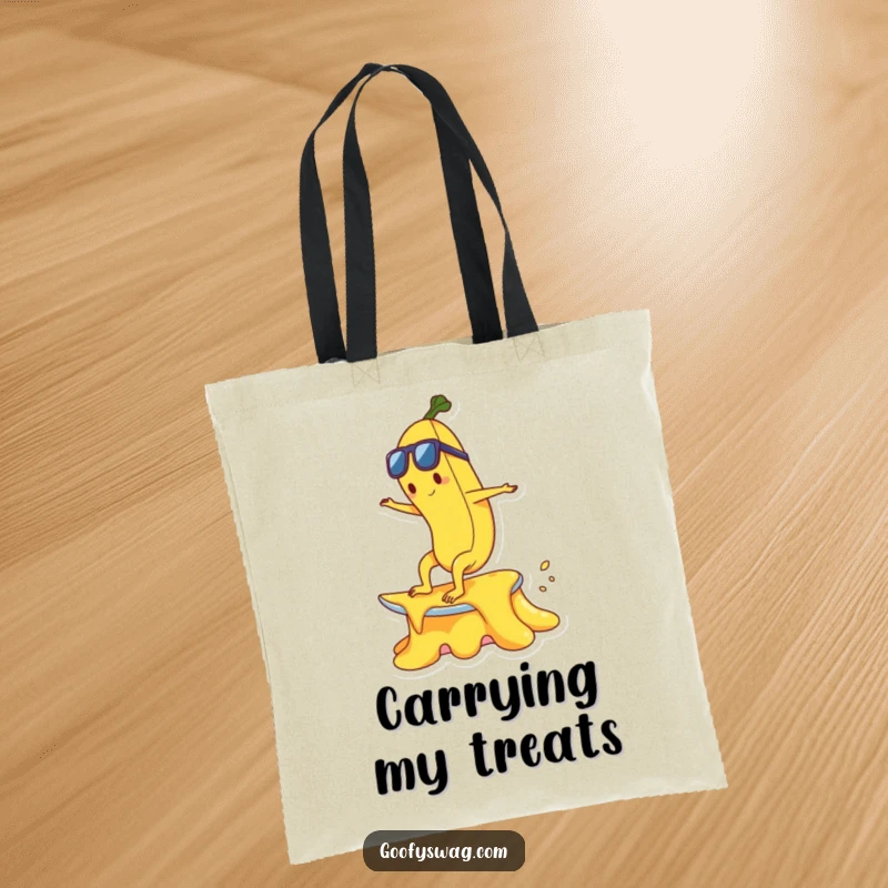 Funny happy banana character surfing on a melting ice cream cone on a durable tote bag.