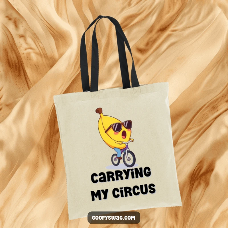 Funny banana tote bag, surprised expression, wearing tiny sunglasses, riding a unicycle. A practical and humorous accessory for your daily adventures.