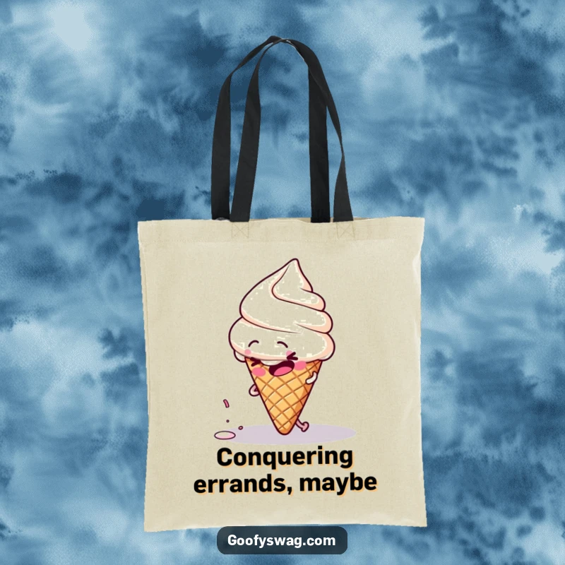 Funny clumsy ice cream cone character tripping over its own sprinkle, featured on a humorous tote bag.