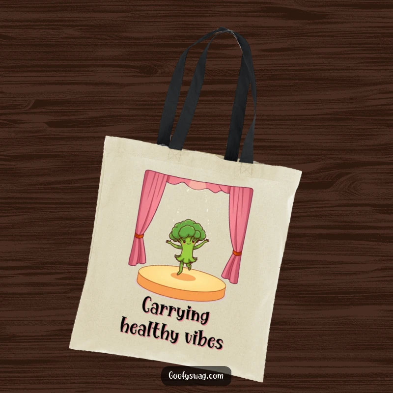 Funny dancing broccoli doing a dramatic pirouette on a tiny stage, a stylish tote bag design that brings energy, humor, and veggie power.