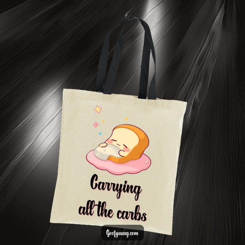 Funny tote bag with a sleepy bread loaf character dreaming of jelly, ideal for carrying essentials with a humorous, whimsical touch.