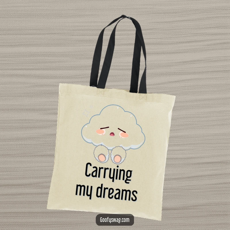 Funny sleepy cloud wearing fuzzy slippers and yawning, a spacious tote bag design for everyday use, infused with humor and comfort.
