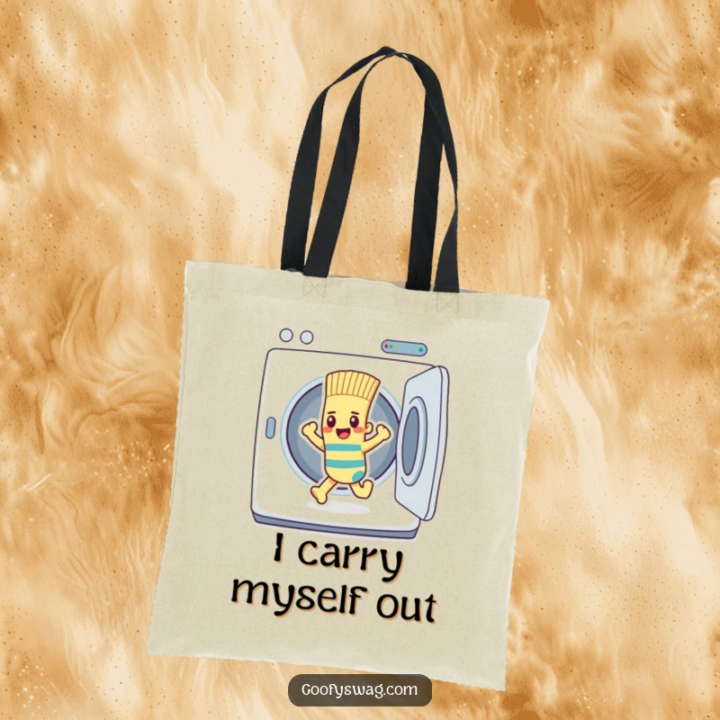 Funny determined sock character confidently walking out of a dryer, featured on a stylish tote bag.