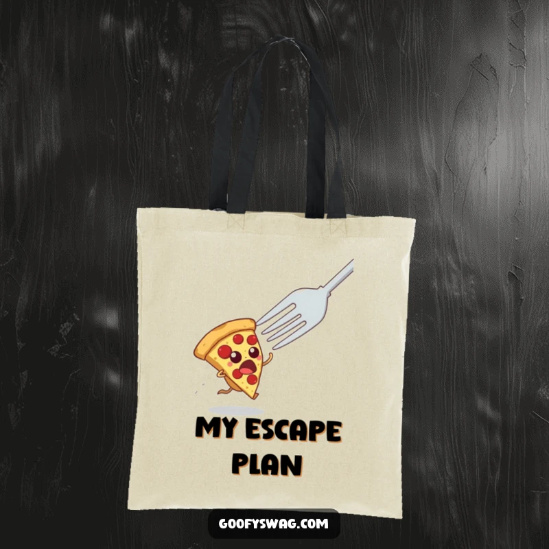 Funny tote bag featuring a pizza slice comically fleeing from a giant fork, a humorous and eye-catching design for everyday use.