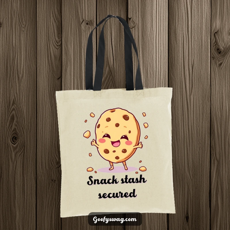 Funny giggling cookie character juggling crumbs with a mischievous grin, featured on a humorous tote bag.